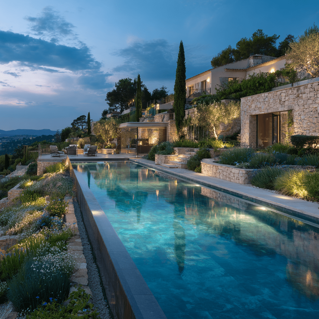 Lantana Les Jardins Dadonis Paysagiste A Orvault Espace Detente Autour Dune Piscine Sur Terrain En Pente Avec Transats Bois Et Vue Sur Jardin Ensoleille