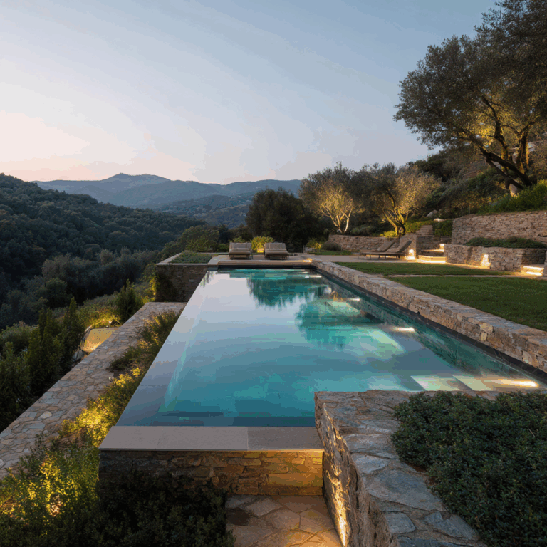 Lantana Les Jardins Dadonis Paysagiste A Orvault Piscine A Debordement Moderne Sur Terrain Pentu Avec Vue Degagee Et Amenagement Paysager Haut De Gamme