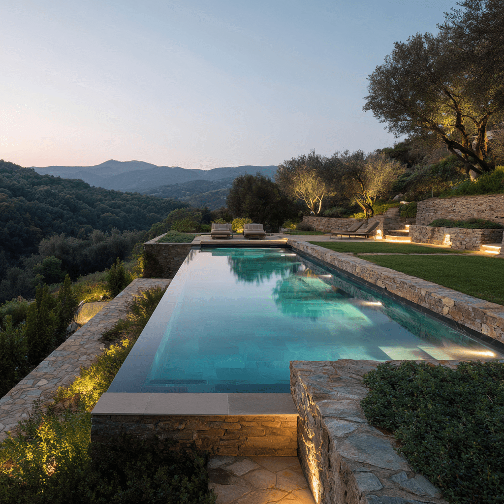 Lantana Les Jardins Dadonis Paysagiste A Orvault Piscine A Debordement Moderne Sur Terrain Pentu Avec Vue Degagee Et Amenagement Paysager Haut De Gamme