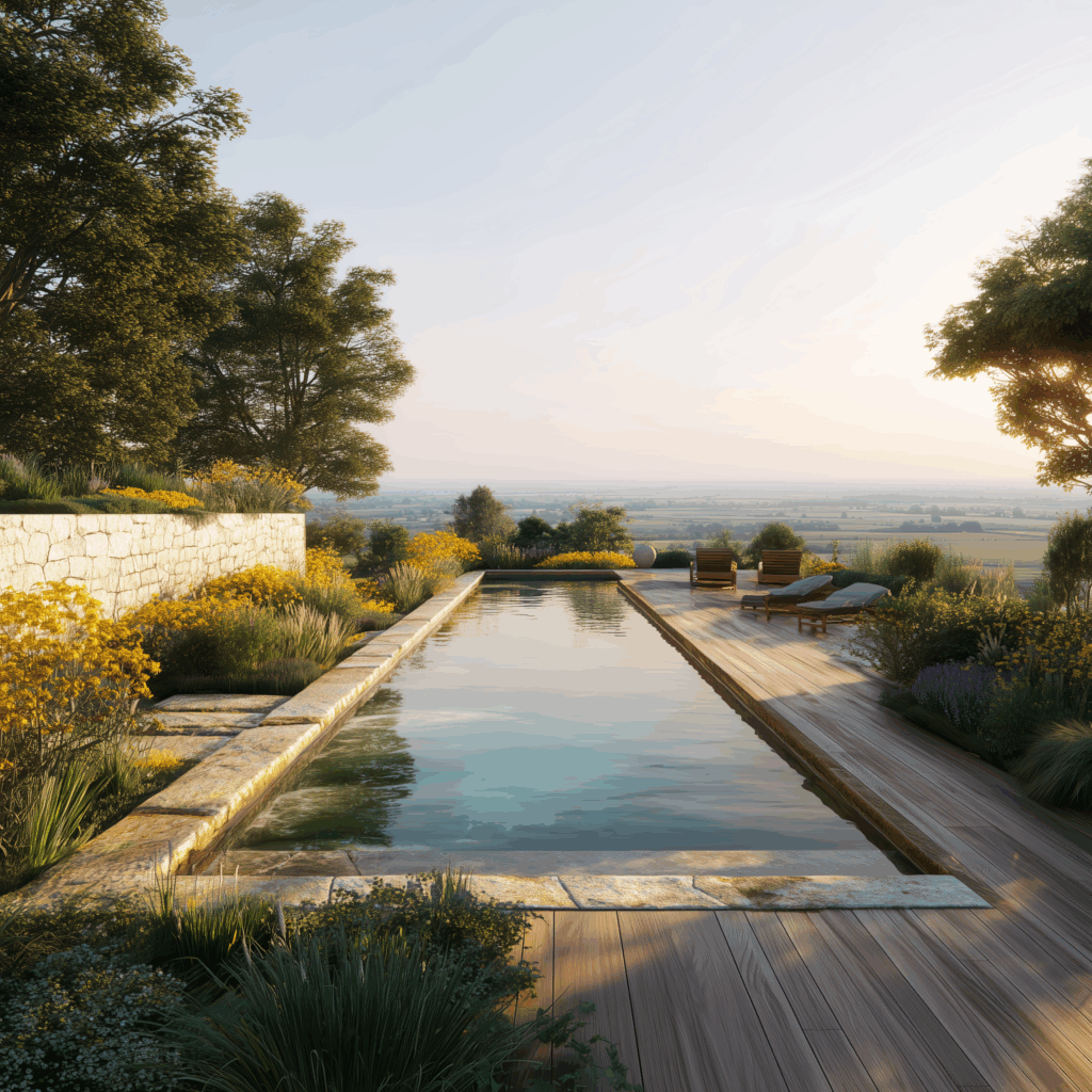 Lantana Les Jardins Dadonis Paysagiste A Orvault Piscine A Debordement Sur Terrain En Pente Avec Terrasse En Bois Et Margelles En Pierre Naturelle En Pays De La Loire