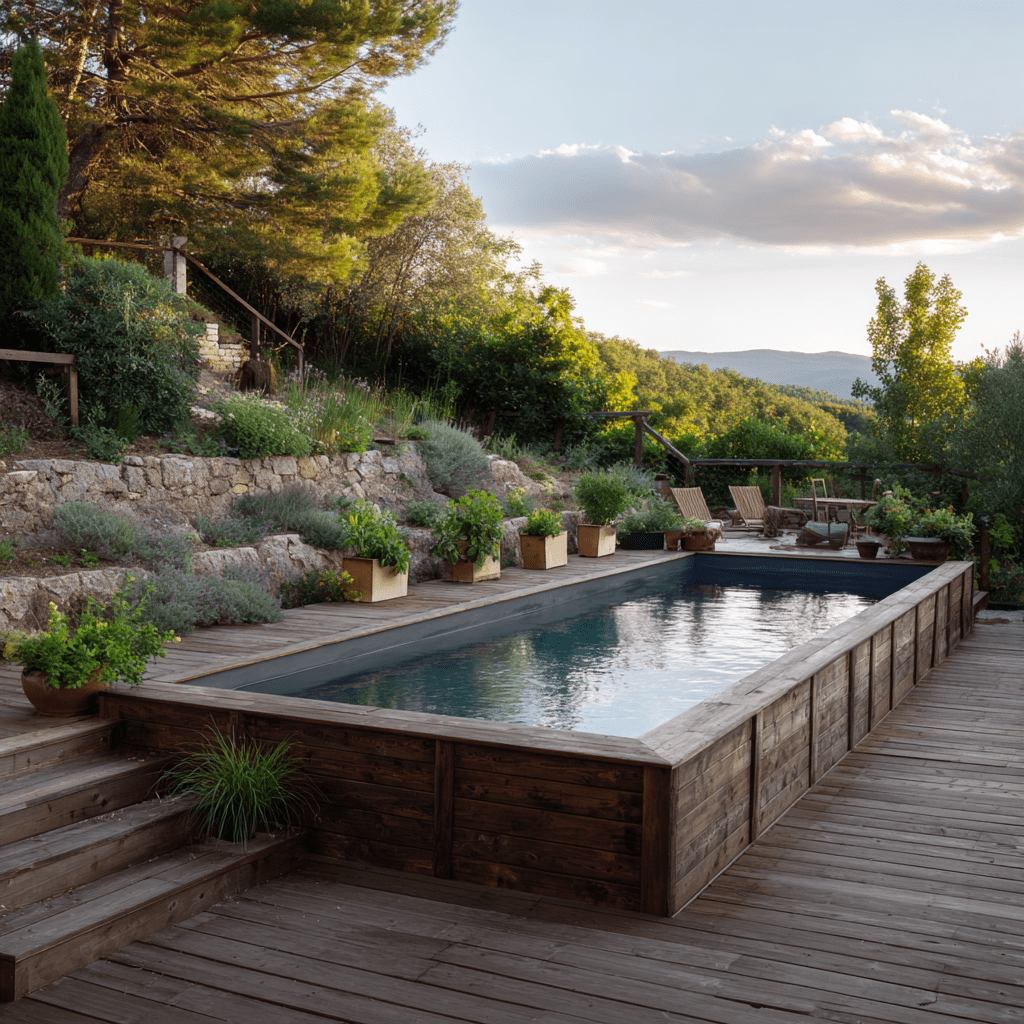 Lantana Les Jardins Dadonis Paysagiste A Orvault Piscine Bois Semi Enterree Sur Terrain En Pente Douce Avec Terrasse Composite Et Jardin Paysager