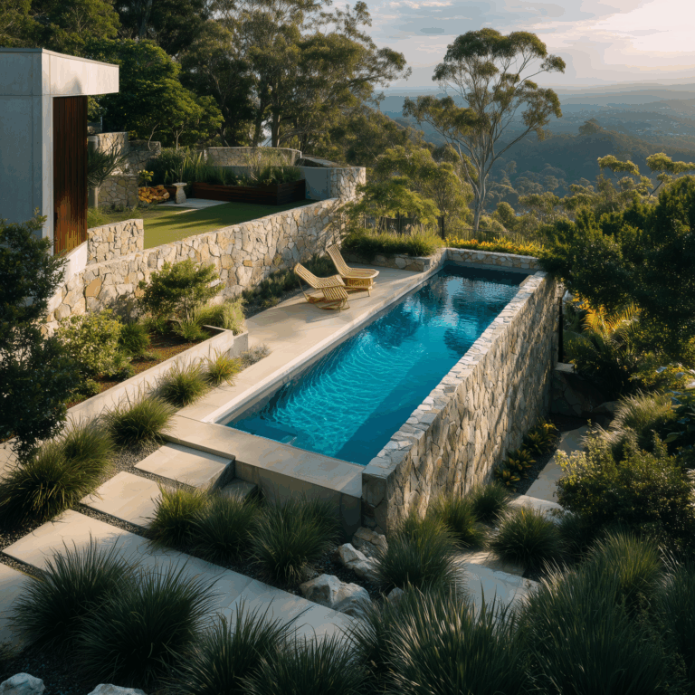Lantana Les Jardins Dadonis Paysagiste A Orvault Piscine En Beton Sur Terrain Tres Pentu Avec Mur De Soutenement En Pierre Et Vue Panoramique